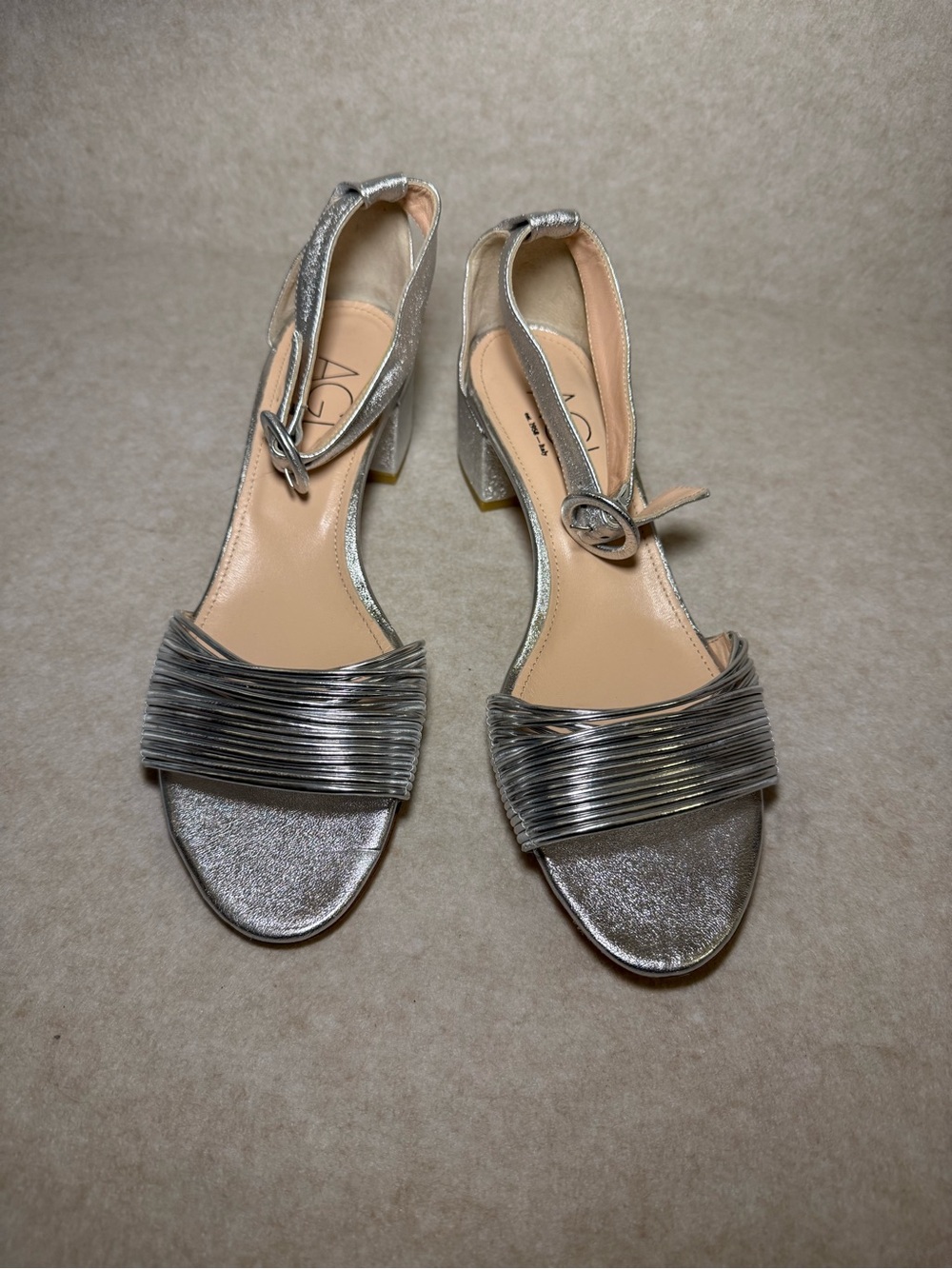 AGL Silver Strappy Sandals Low Block Heel Ankle Strap Size US 10.5 10 1/2
